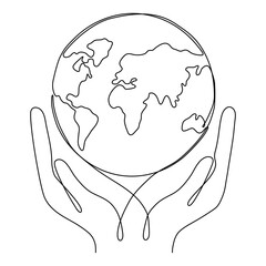 Human hands holding Earth globe continuous line art drawing. Save planet linear concept. Vector illustration isolated on white.
