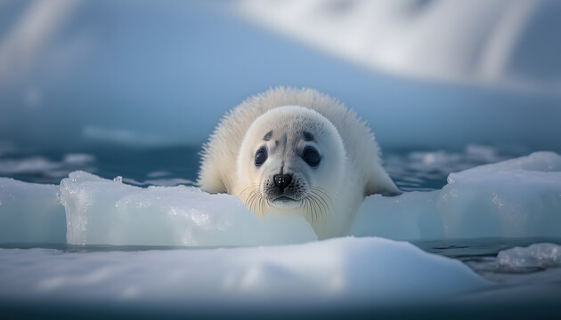 Cute little harp seal pup on ice near by water. Marine mammal animal. Wild nature protection. AI generative image.