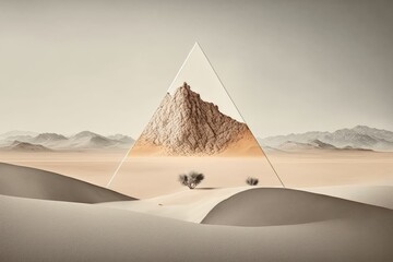 Fototapeta na wymiar , a minimalist desert landscape with sand dunes and a blank modern triangle background. Generative AI