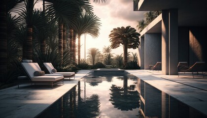 Luxurious outdoor pool area with a sleek modern design. The infinity pool is surrounded by marble flooring and there are comfortable lounge chairs and a sunbed. Large palm trees generative ai