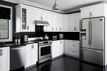 Modern kitchen with a sleek design. There are white cabinets and black countertops. The appliances are stainless generative ai