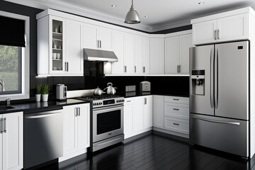 Fototapeta premium Modern kitchen with a sleek design. There are white cabinets and black countertops. The appliances are stainless generative ai
