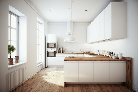 Minimalist modern white kitchen with wooden floor. Natural light. interior design. Ai generative
