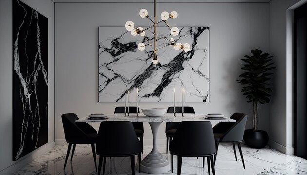 Minimalist dining room with a white marble table and black chairs. There is a large abstract painting on the wall and a statement lighting fixture. The atmosphere is elegant and refined. generative ai