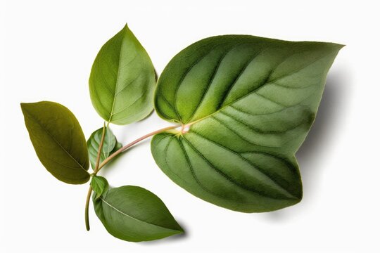 Isolated on white, a single leaf of Plu Kaow (Houttuynia cordata Thunb.). horizontal, top down lay. Generative AI