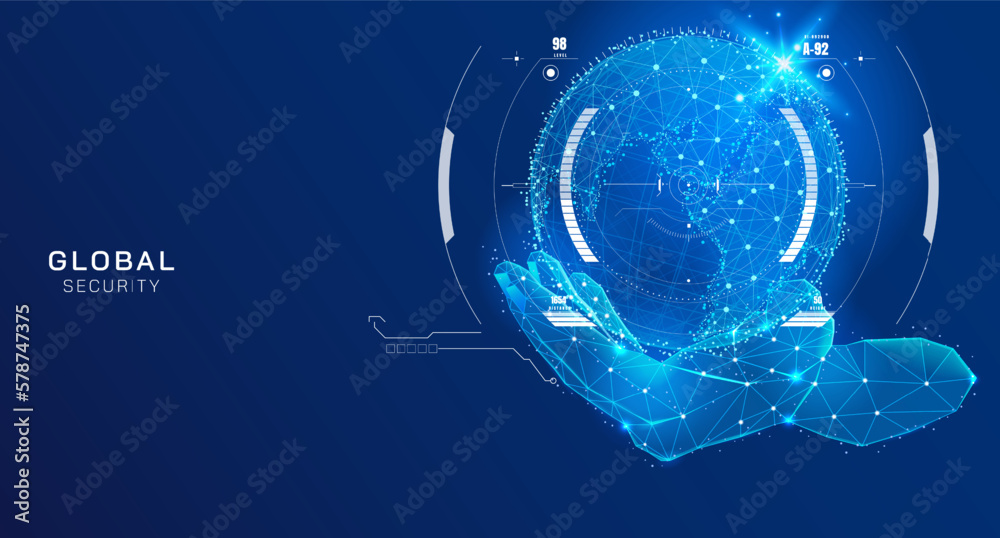 Poster Abstract global network connection with low poly hand turn the palm up protection vector. Hud UI screen security system technology illustration.