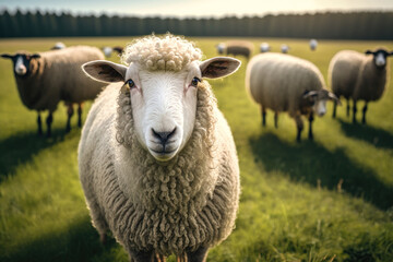 Obraz premium Sheep graze the pastures in mountain. Herd of sheep and lambs grazing grass on cloudy day. AI Generation