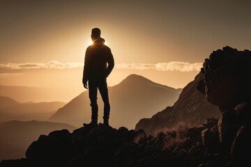 Fototapeta premium A man standing on top of a mountain as the sun sets. Goals and achievements concept. AI Generation
