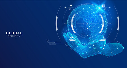 Abstract global network connection with low poly hand turn the palm up protection vector. Hud UI screen security system technology illustration.