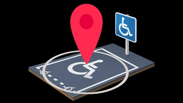 Looping animation of 3D disabled parking space with its signage on the ground and its information panel with the symbol of wheelchair on which a red geolocation marker jumping over it (alpha channel)