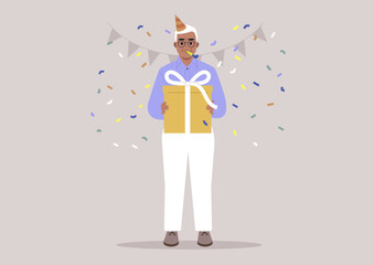 A senior male character wearing a party cone hat, a birthday celebration, confetti and garlands hanging