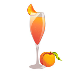 Bellini cocktail. Refreshing summer alcoholic drink with a piece of peach. Prosecco and peach nectar cocktail.
