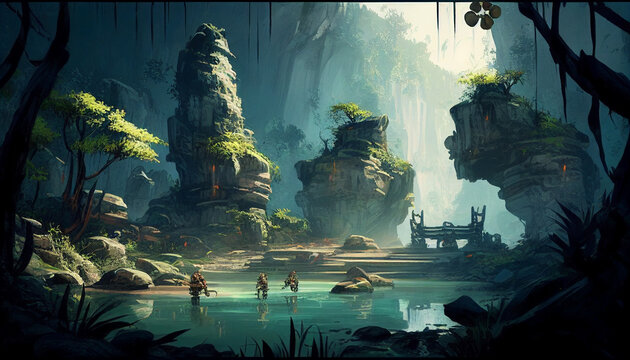 Secret lake in a magical forest landscape created with Generative AI Technology.