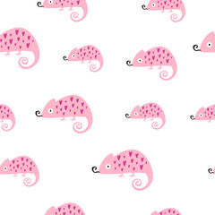 Seamless pattern with chameleons in hearts in modern style for prints.