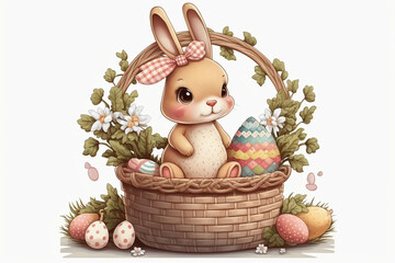 Adorable Easter Bunny in Basket with Decorated Eggs Illustration