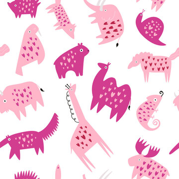 Seamless pattern with pink animals in modern style for prints.