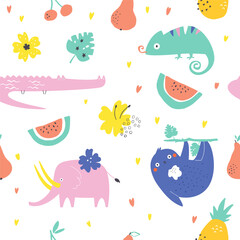 Seamless pattern with colorful exotic animals