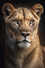 Obraz na płótnie Canvas Lioness on dark background. Ai generated illustration