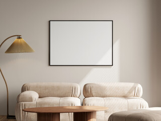 Horizontal frame mockup in modern living room interior with sofa, 3d render