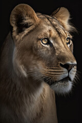 Fototapeta na wymiar Lioness on dark background. Ai generated illustration