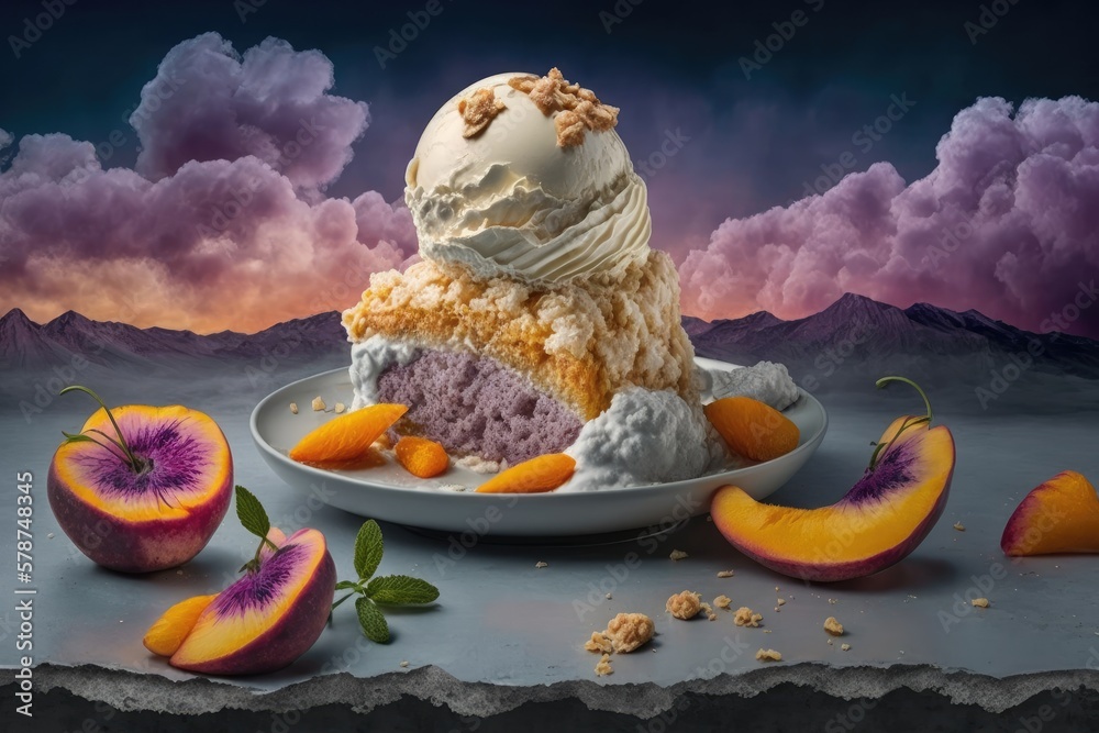 Wall mural dessert with ice cream and peach crumble cake. as for the background, it's grey. the best vantage po