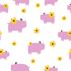 Seamless pattern with lilac rhinos and flowers