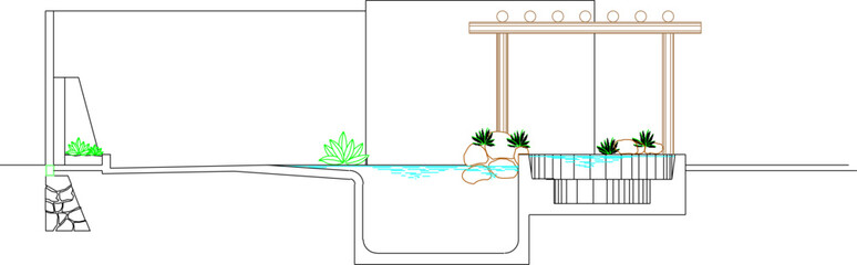 sketch vector illustration of a fish pond behind the house