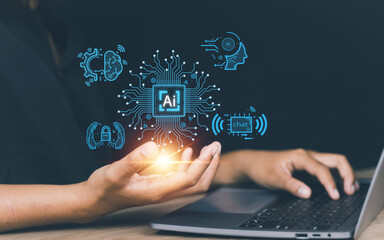 AI technology concept. Woman holding of Artificial intelligence to represent the influence of the future. many organizations that produce AI. It is very capable. Chatbot, calculate, evaluate, maintai