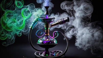  a hookah with smoke coming out of it and a hookah holder on top of it with a green and purple smoke coming out of it.  generative ai