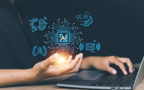 AI technology concept. Woman holding of Artificial intelligence to represent the influence of the future. many organizations that produce AI. It is very capable. Chatbot, calculate, evaluate, maintai