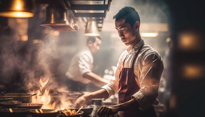Portrait of a asian male cook in a restaurant kitchen. generative AI	
