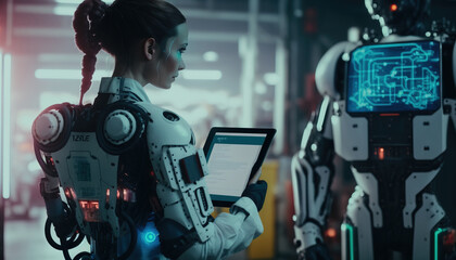 Engineer in a modern factory. Industry 4.0 machine maintenance. generative AI	
