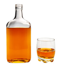 Bottle of whiskey or scotch whiskey or bourbon with glass