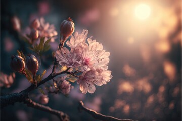 Sakura branch with flowers close-up. Spring cherry blossom in Japan. Generative AI.