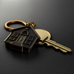Golden key on a keychain. Golden key to a new house. Golden key to the apartment. Generative AI.