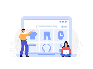 online shopping flat design. e-commerce concept. business data analysis. two people working together with a shopping website as background. vector illustration.