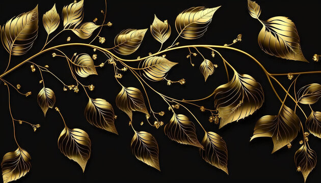  a gold leafy pattern on a black background with gold leaves and berries on the stem of a plant with leaves and berries on the stem.  generative ai