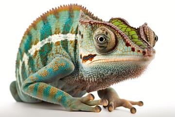 Furcifer pardalis, or the Panther chameleon, eyeing the camera on a white background. Generative AI
