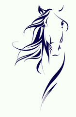 Muzzle of a horse in contours. Vector illustration of a muzzle of a horse with a mane fluttering in the wind. Sketch for creativity.