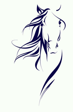 Muzzle of a horse in contours. Vector illustration of a muzzle of a horse with a mane fluttering in the wind. Sketch for creativity.