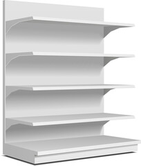 Mockup Blank Long Empty Showcase Display With Retail Shelves. Perspective View 3D. Illustration Isolated On White Background. Mock Up Template Ready For Your Design. Product Advertising. Vector EPS10