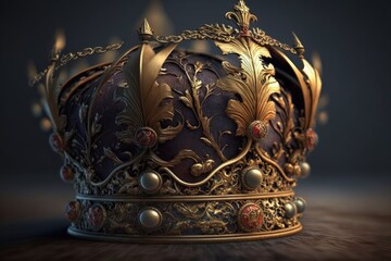 Subtle depiction of a crown fit for a king or queen and a chest filled with gold. aged filtering. Medieval Era Fantasy. Generative AI