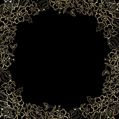 Wreath, round frame bouquet of spring flowers golden line on black background