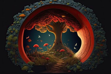 Imaginary mushroom filled garden with a secret door hidden in a tree. Generative AI