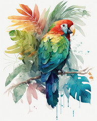 Colorful macaw ara on a white background. Generative AI, watercolor style