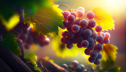 Beautiful bunches of grapes in the bright rays of sunlight - obrazy, fototapety, plakaty