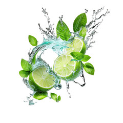 limes and mint leaves with a water splash, refreshing summer cocktail theme on transparent background - obrazy, fototapety, plakaty