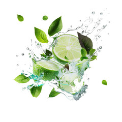 Fototapeta na wymiar limes and mint leaves with a water splash, refreshing summer cocktail theme on transparent background