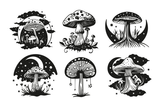 Magic mushroom with moon and stars set. Vector silhouette, black line contour drawing celestial fungus collection.