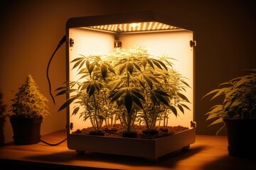 Indoor cannabis cultivation utilizes specialized methods of growing plants using artificial lighting. Light emitting diodes. Generative AI